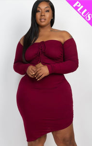 Plus Size Drawstring Crop Top & Ruched Skirt Set